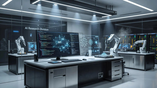 Professional header image for informative article: a modern laboratory with AI systems inbuilt