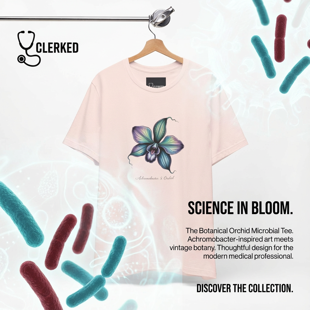 Botanical Orchid Microbial Tee - Achromobacter-Inspired Turquoise Floral Art - Medical Art Apparel