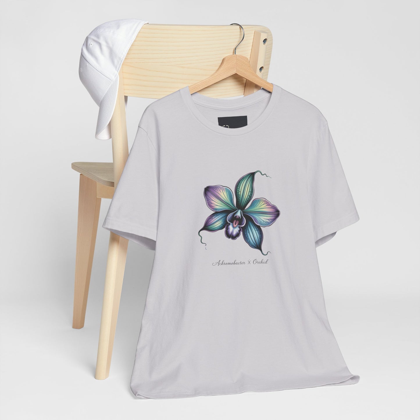 Botanical Orchid Microbial Tee - Achromobacter-Inspired Turquoise Floral Art - Medical Art Apparel