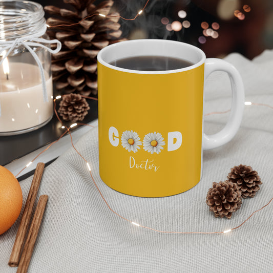 Good Doctor Mug daisy lettering yellow ceramic cup