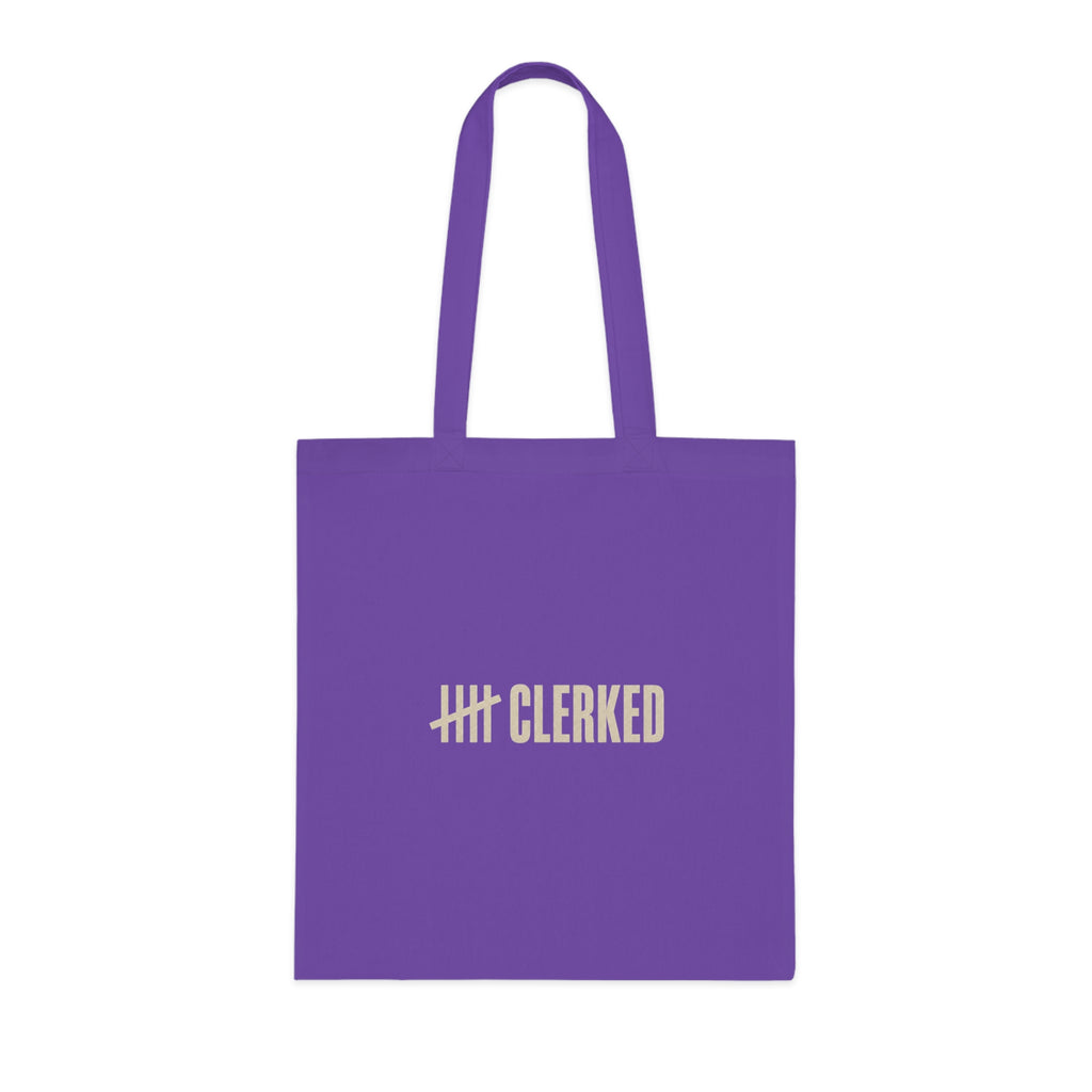Clerked logo detail on the minimalist cotton tote bag's canvas fabric