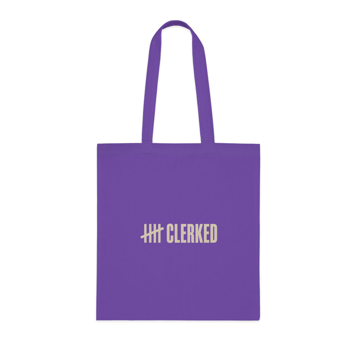 Clerked logo detail on the minimalist cotton tote bag's canvas fabric