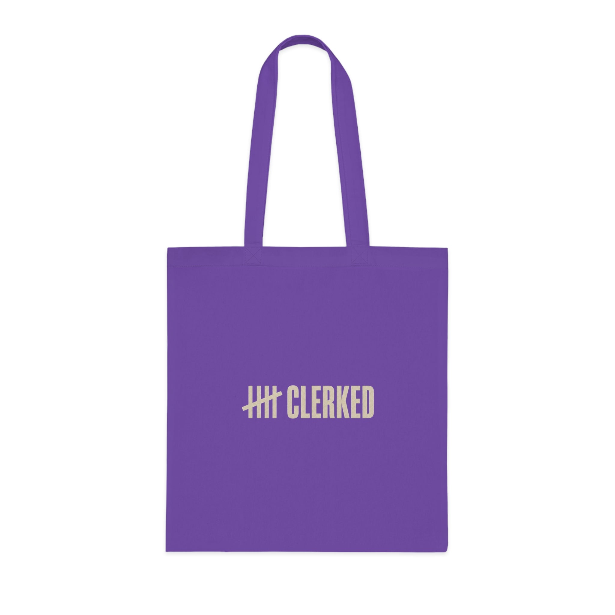 Clerked logo detail on the minimalist cotton tote bag's canvas fabric