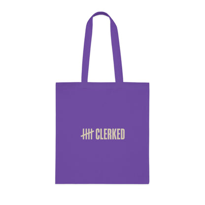 Clerked logo detail on the minimalist cotton tote bag's canvas fabric