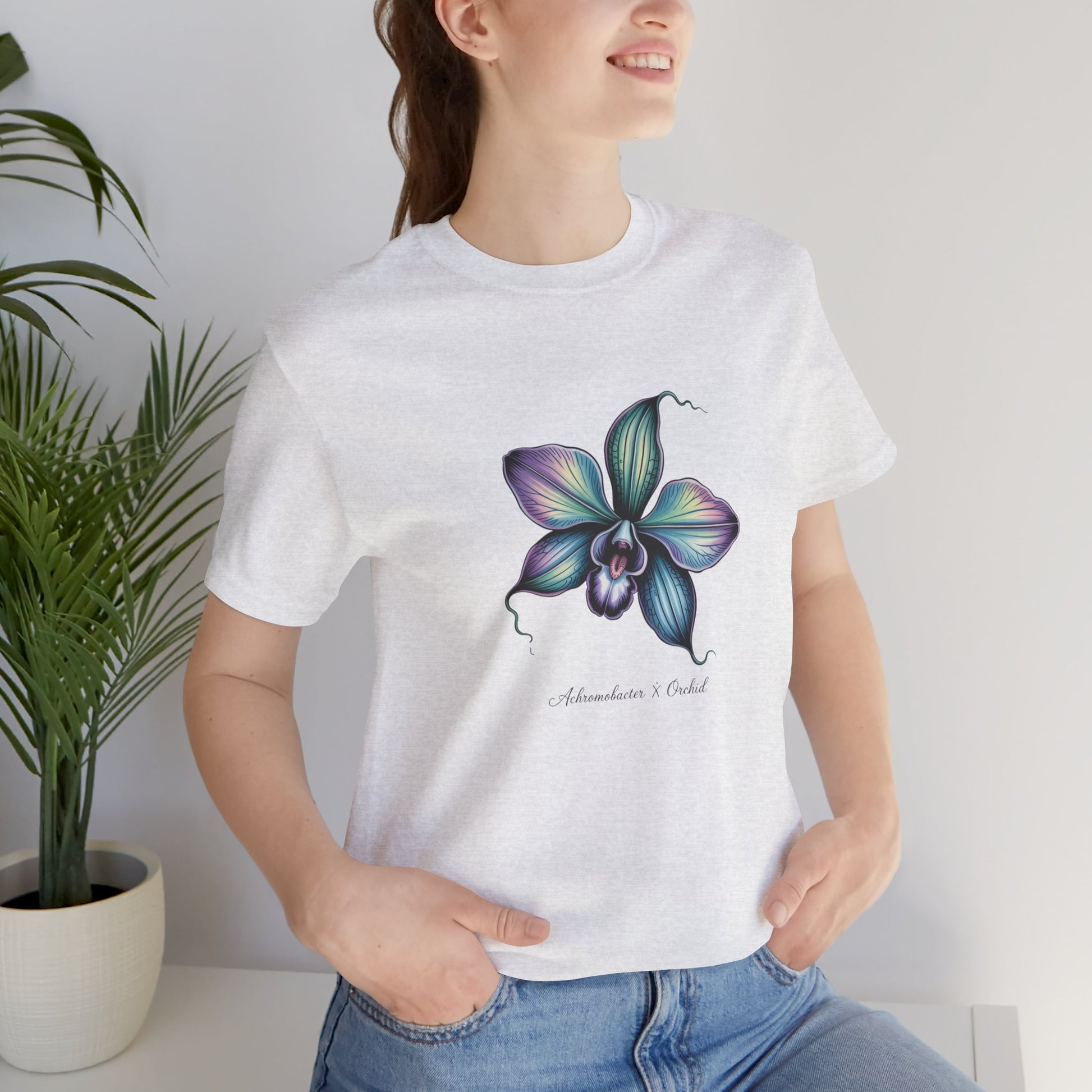 Botanical Orchid Microbial Tee - Achromobacter-Inspired Turquoise Floral Art - Medical Art Apparel