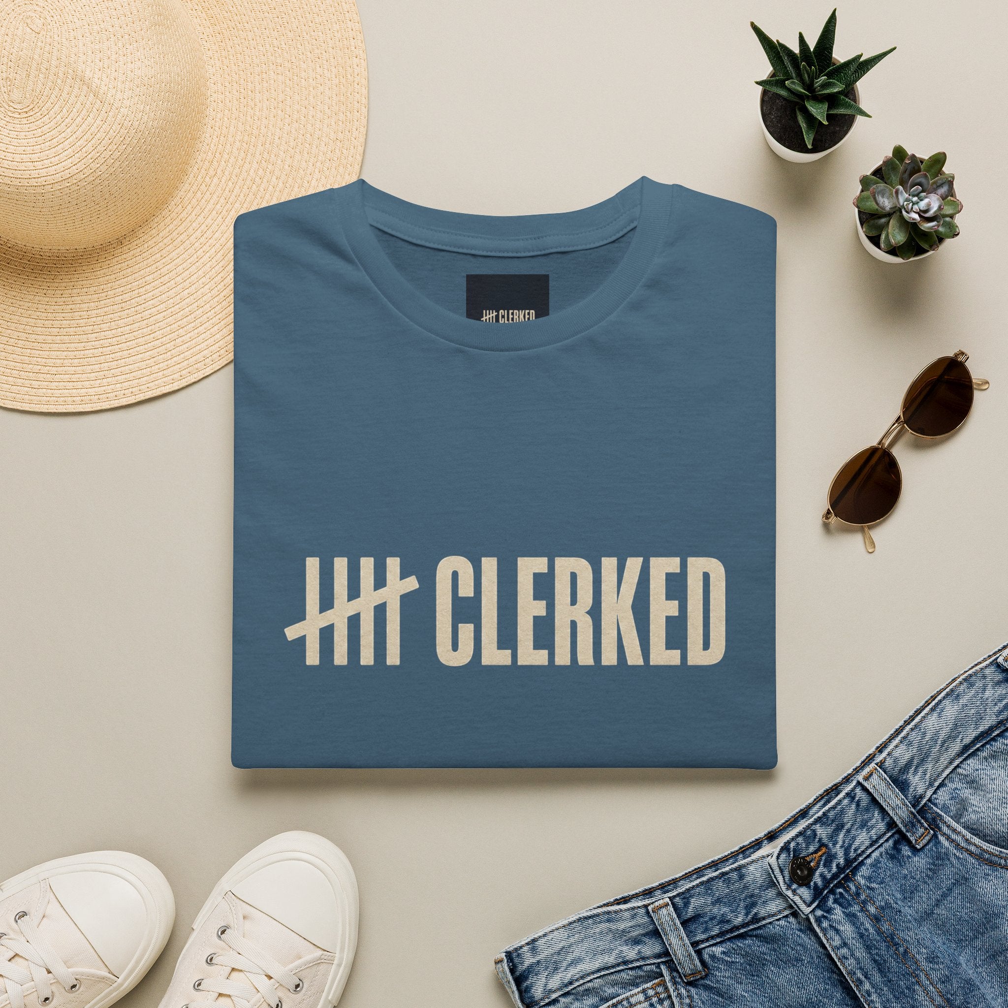 Minimalist Clerked logo print on the front of the flagship graphic tee
