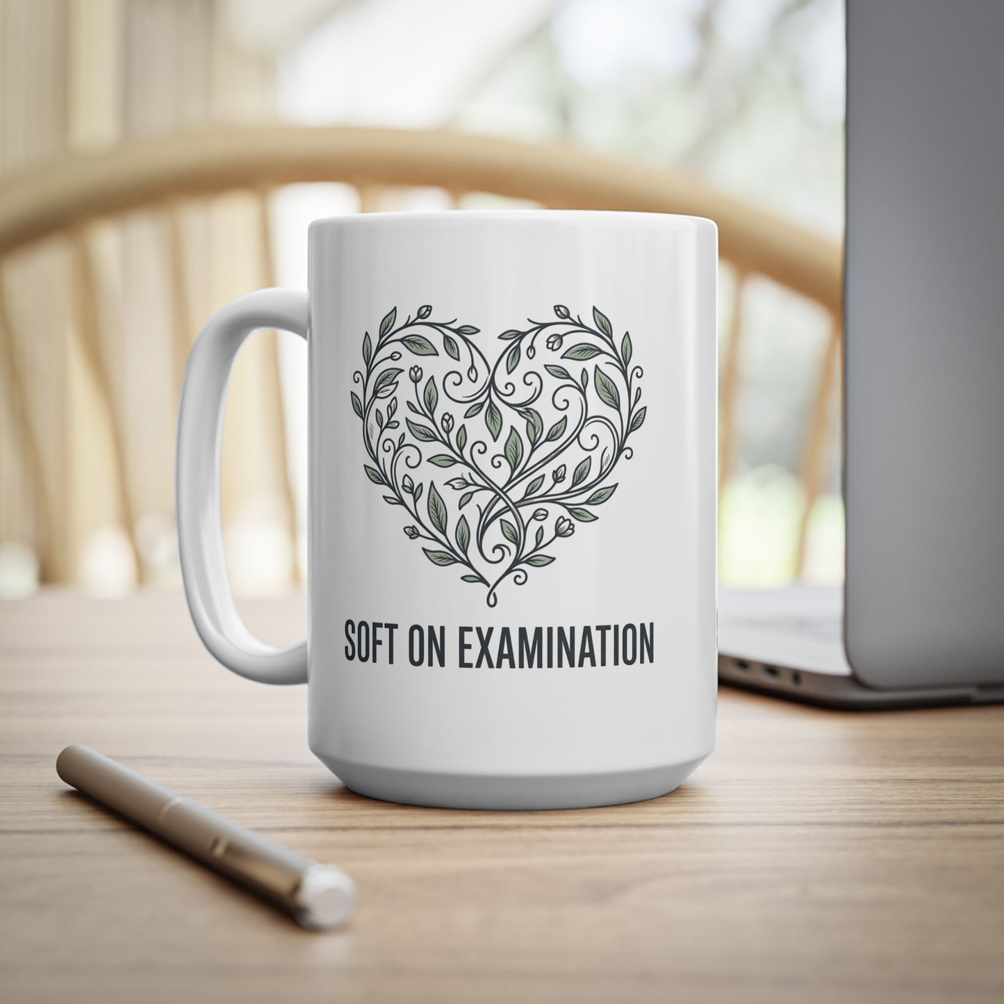 Soft on Examination' coffee mug by Clerked, front view of ceramic design