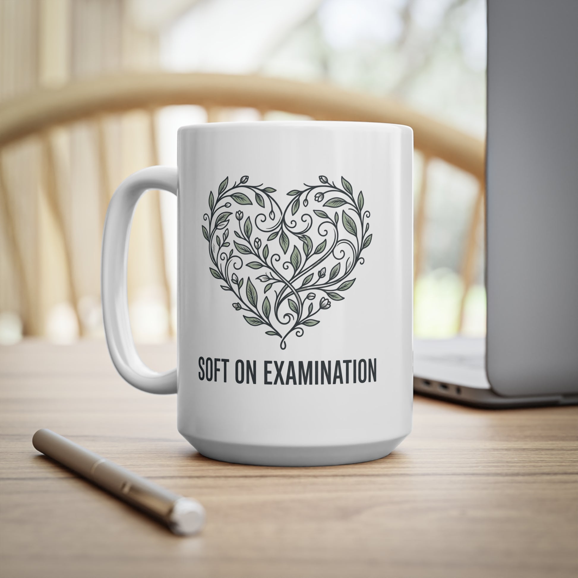 Soft on Examination' coffee mug by Clerked, front view of ceramic design