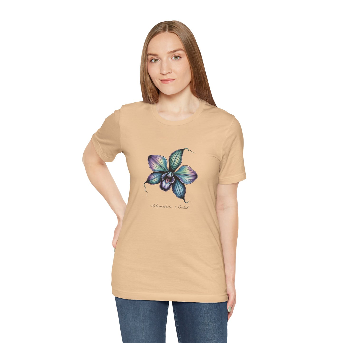 Botanical Orchid Microbial Tee - Achromobacter-Inspired Turquoise Floral Art - Medical Art Apparel