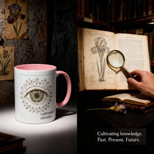 Botanical Iris Anatomy Coffee Mug — Cultivated Identity, Two-Tone 11oz