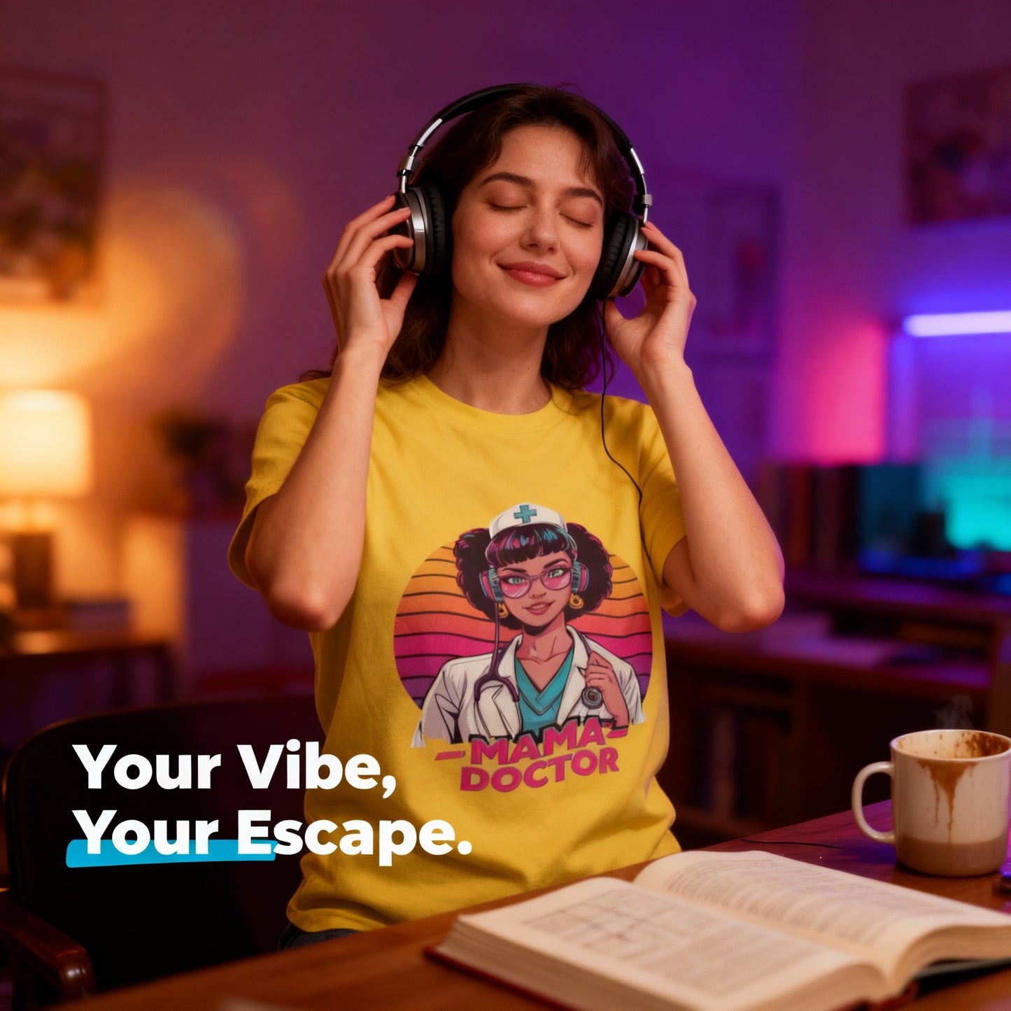 Mama Doctor Retrowave Cool Tshirt headphones medical design