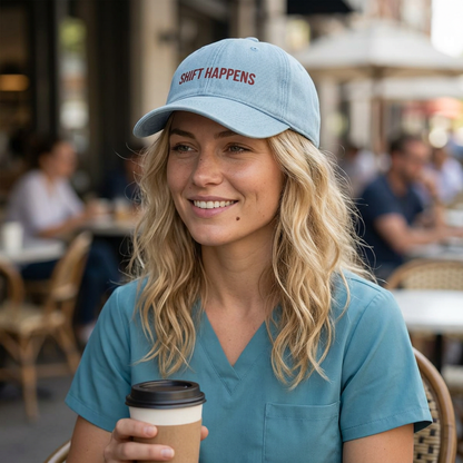 Shift Happens Embroidered Denim Hat - After the Bleep Goes Off