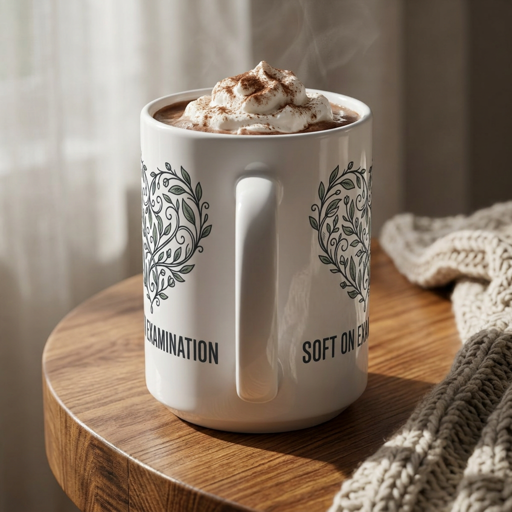 Side profile of the 'Soft on Examination' coffee mug showing handle detail