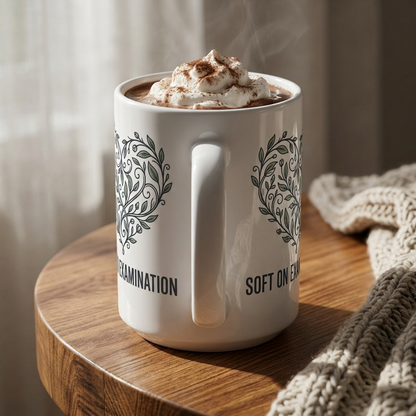 Side profile of the 'Soft on Examination' coffee mug showing handle detail