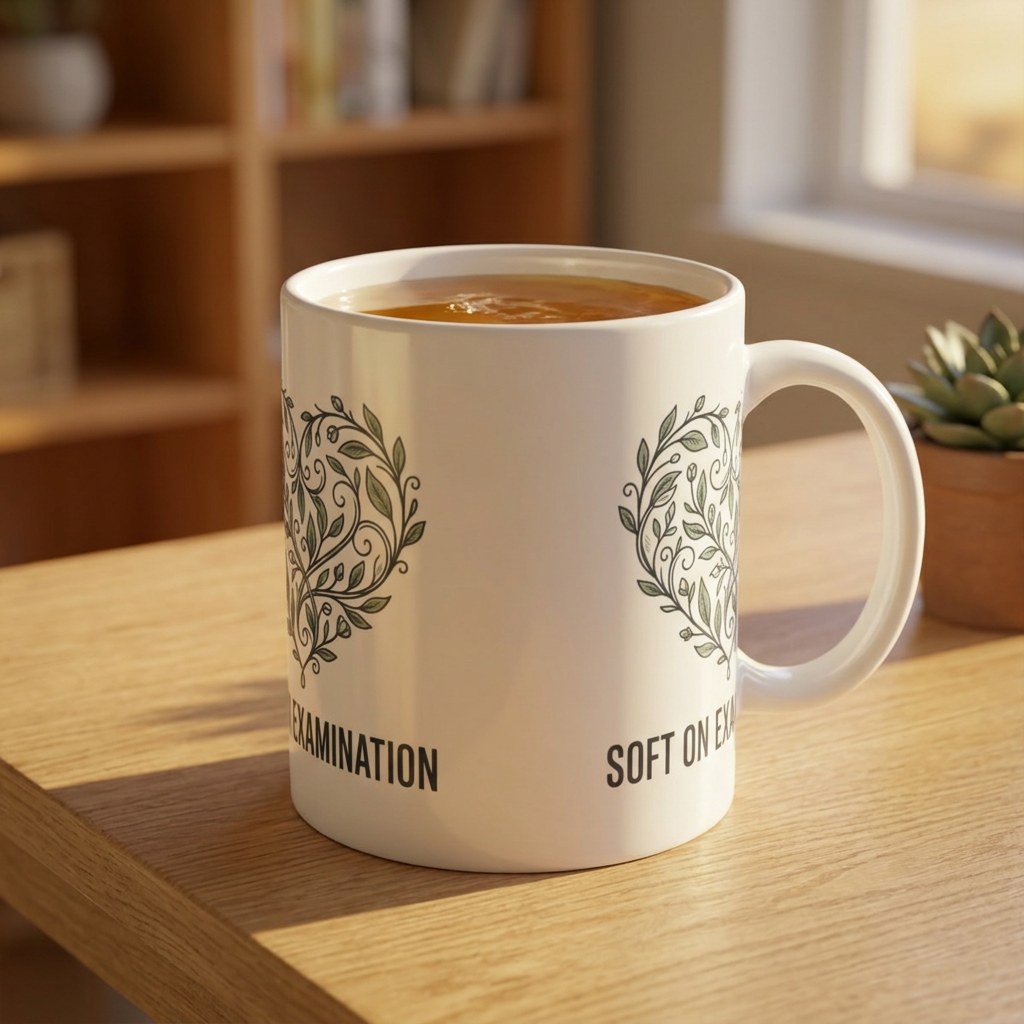 Soft on Examination' coffee mug filled with coffee on a desk setting