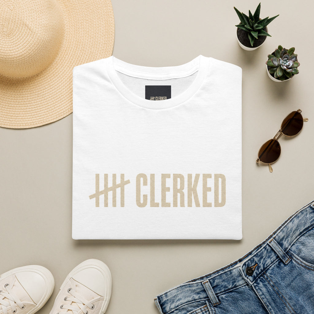 Minimalist Clerked logo print on the front of the flagship graphic tee