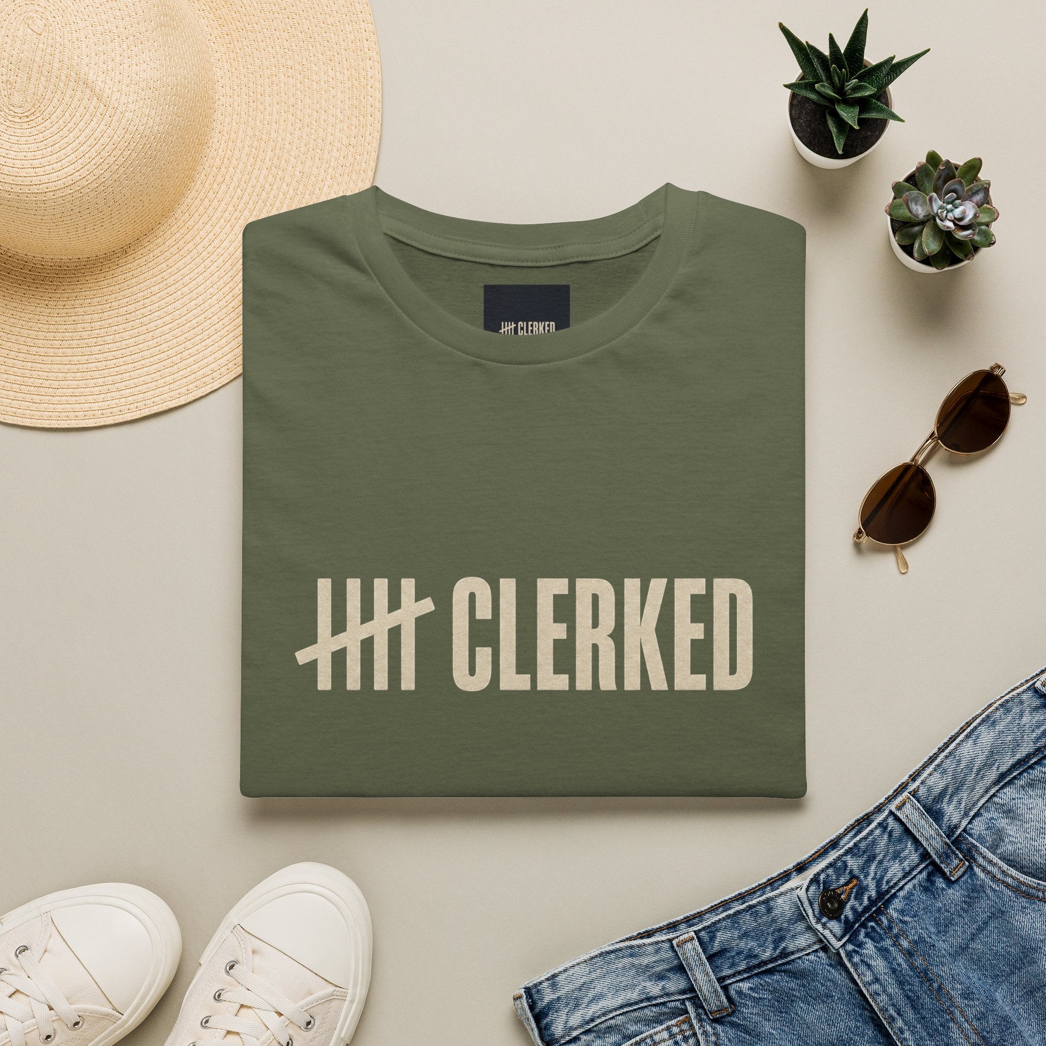 Minimalist Clerked logo print on the front of the flagship graphic tee