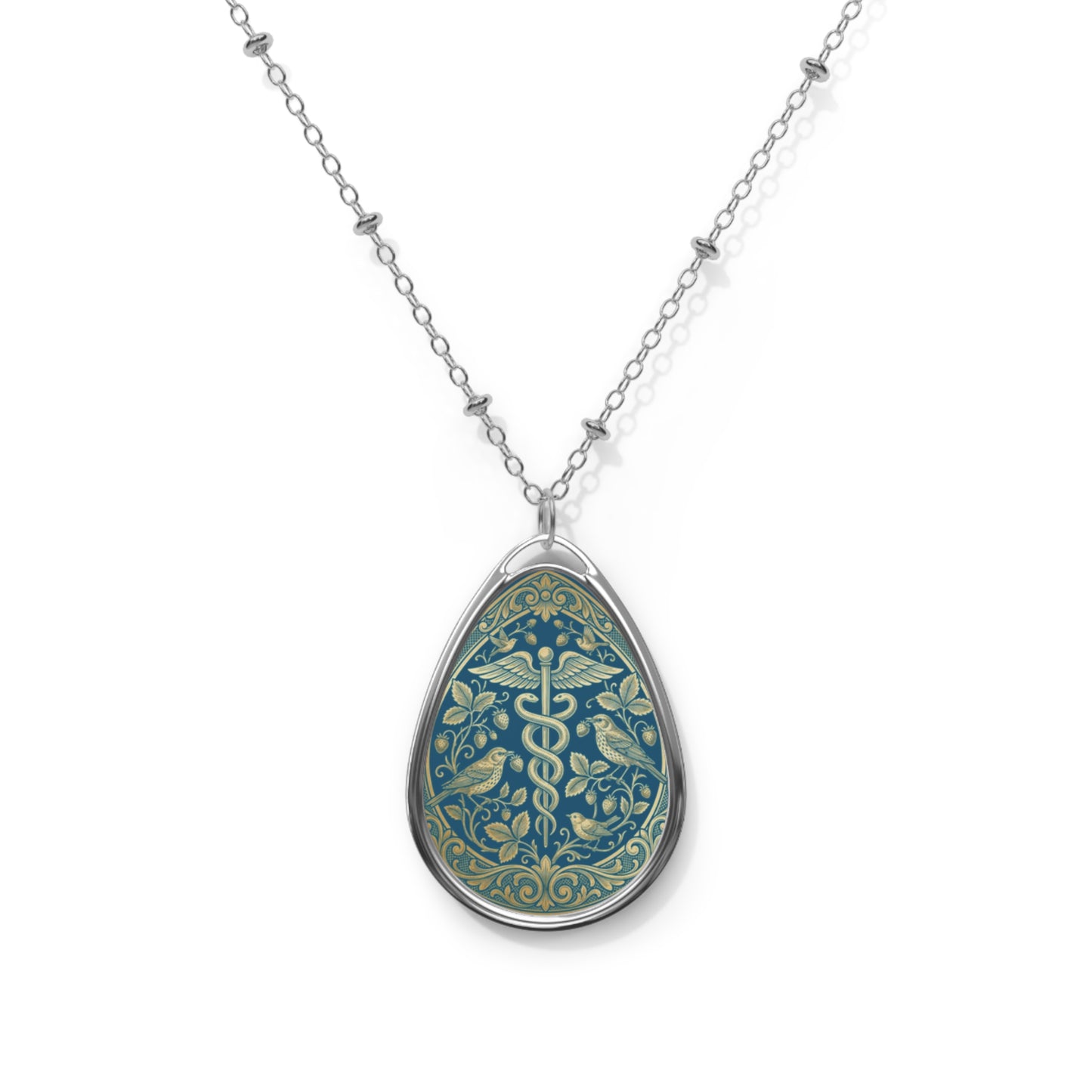 Oval Pendant Necklace Vintage Caduceus Medical Symbol Teardrop Locket