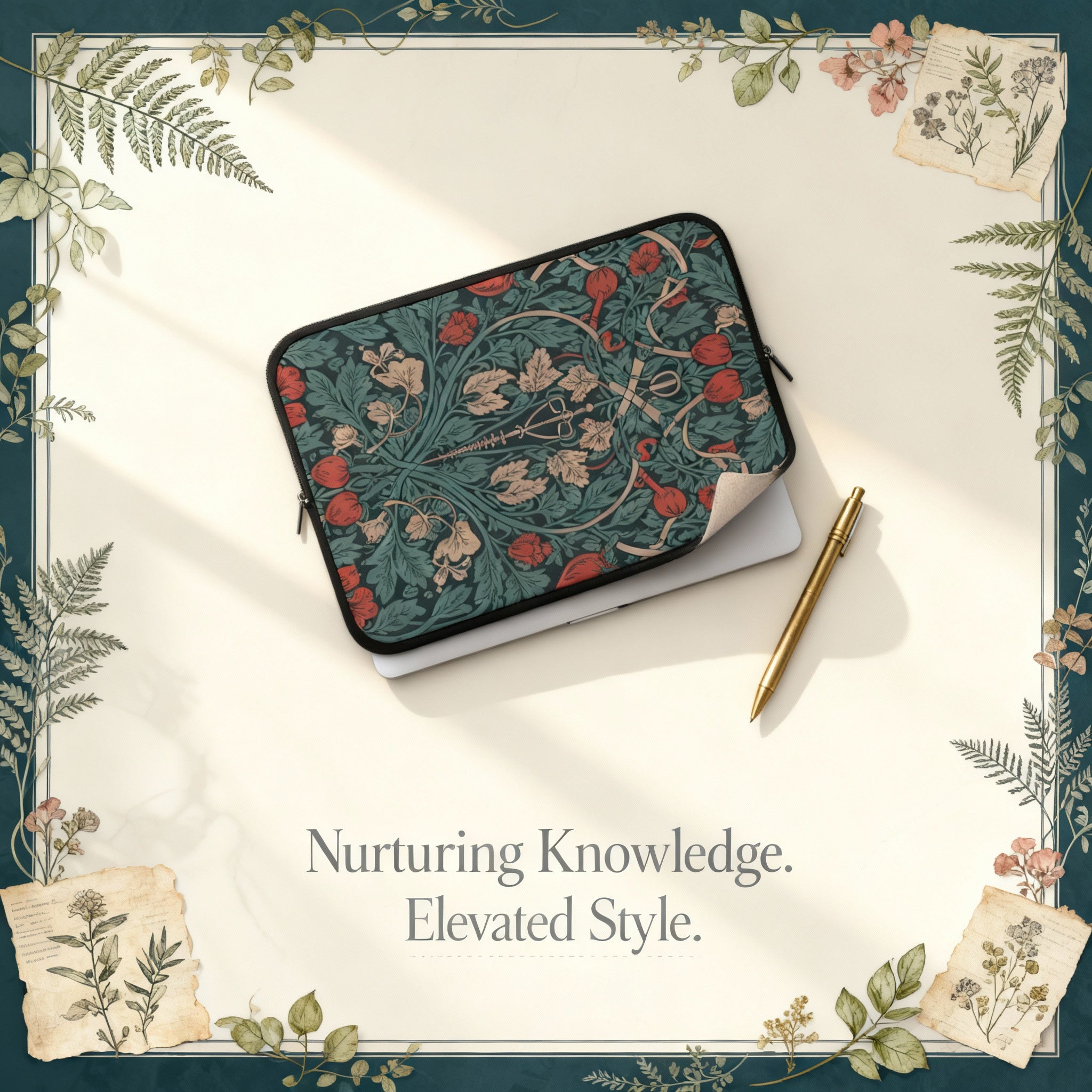 Elegant Floral Caduceus Laptop Sleeve, Vintage Style Macbook Case, Gift for Students, Tech Accessories, Rose Green Design