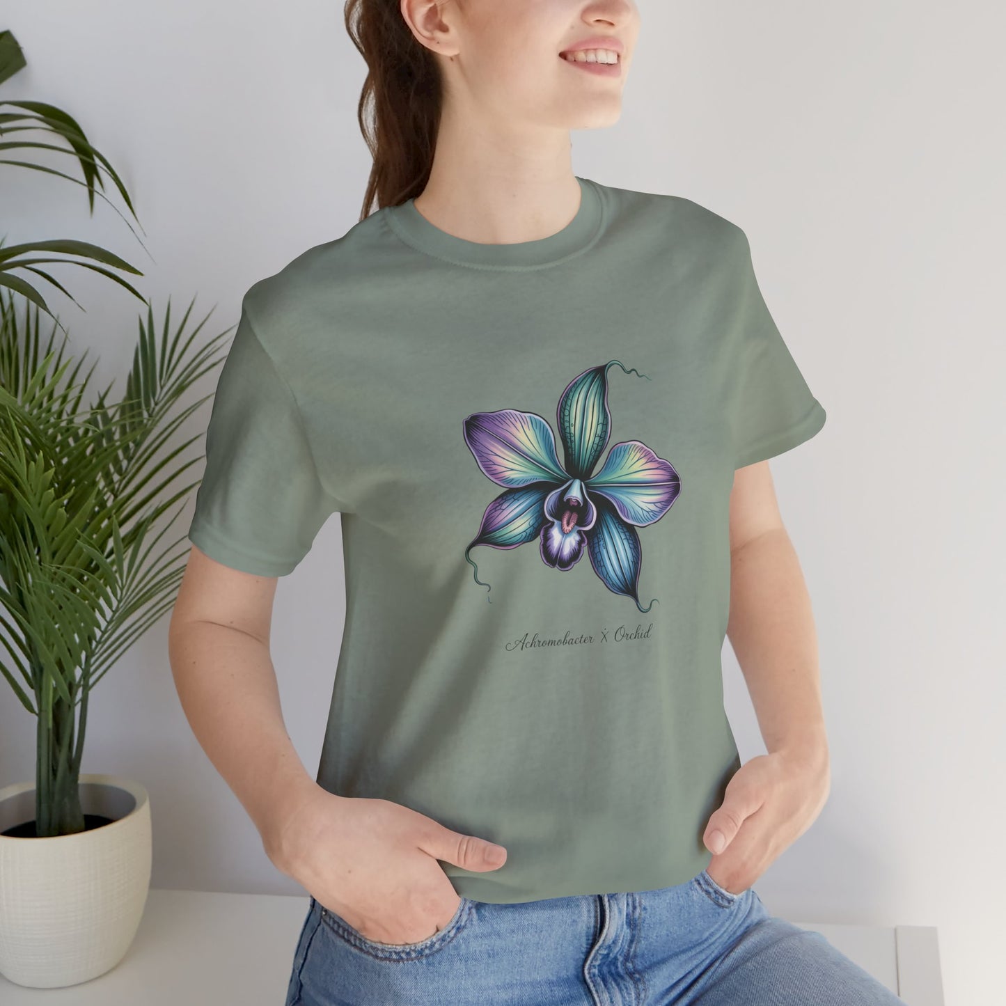 Botanical Orchid Microbial Tee - Achromobacter-Inspired Turquoise Floral Art - Medical Art Apparel