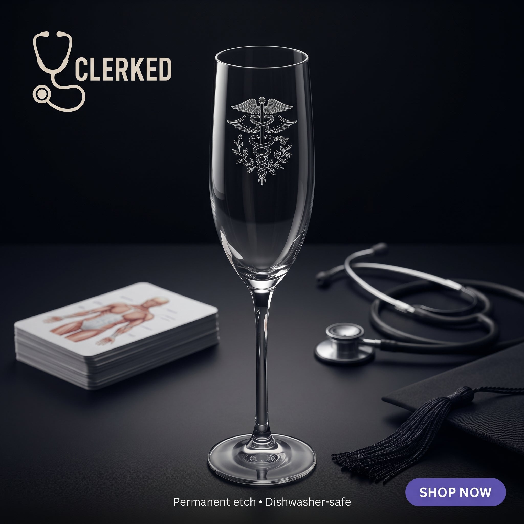 Graduation Champagne Flute  Caduceus Engraved