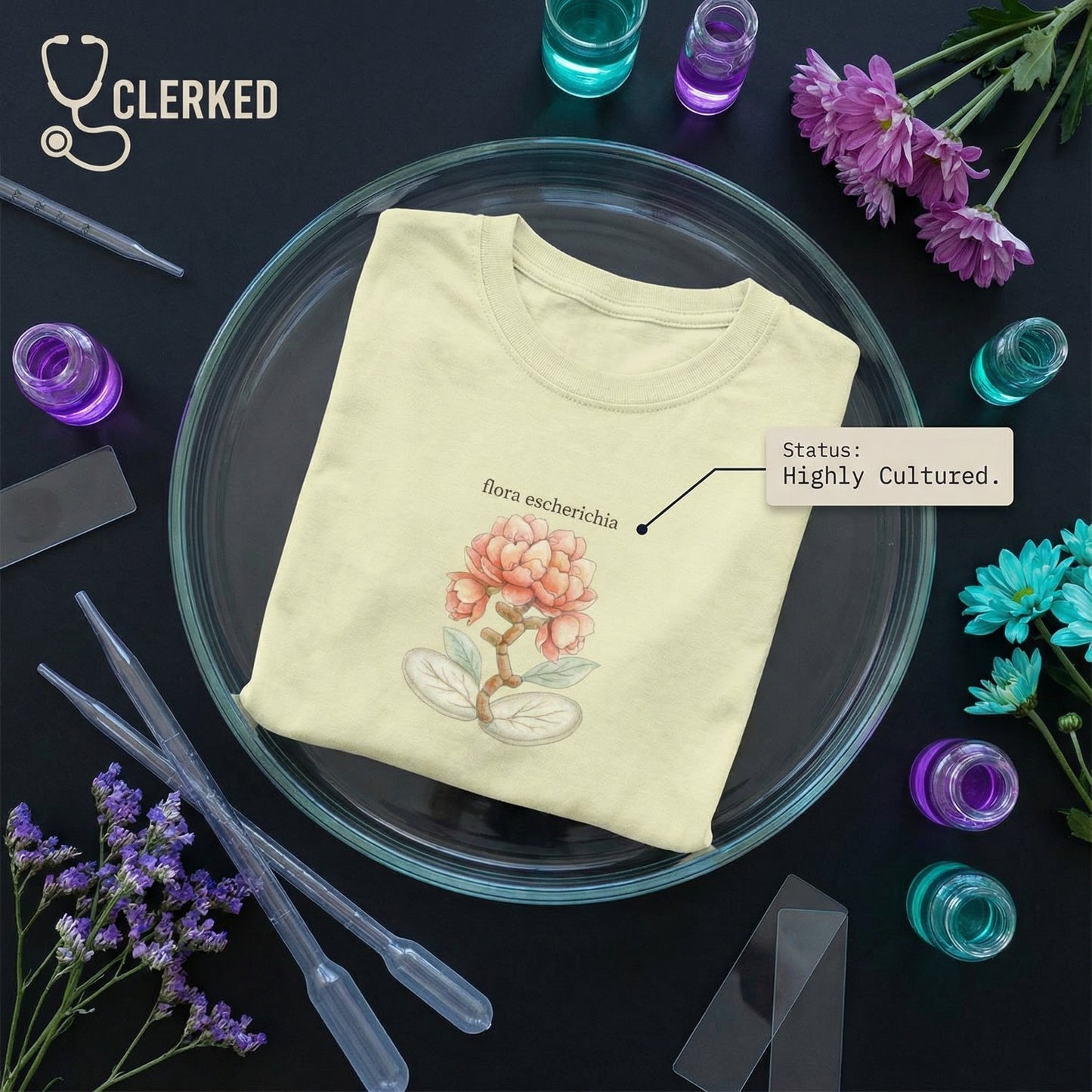 E Coli Imaginary Flower Botanical Microbiology Artistic Tee - Medical Art Apparel